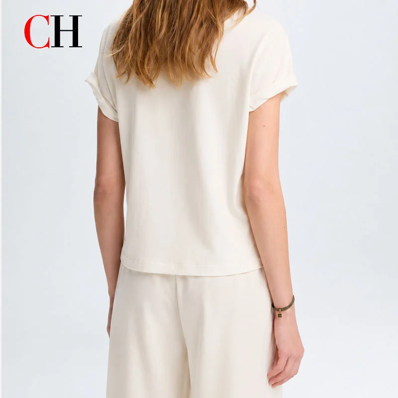 CH Women's Off White T-Shirt Crew Neck Short Sleeve Soft Cotton Tee Red Logo Casual Summer Daily Top