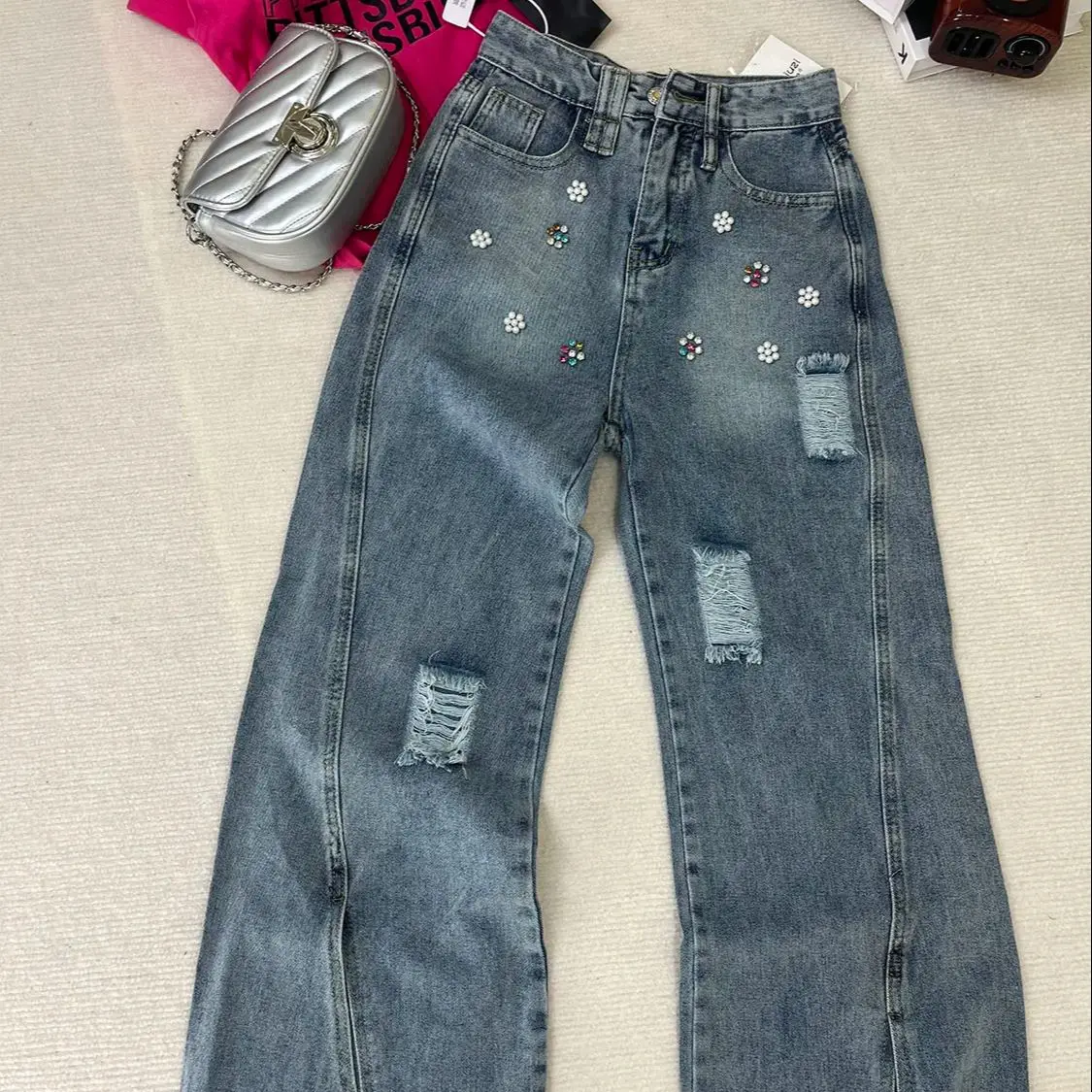 

Fashion High Waist Sstraight Leg Jeans For Women Loose Ripped Design All Match Casual Pants Street Commuting Wideleg Pant