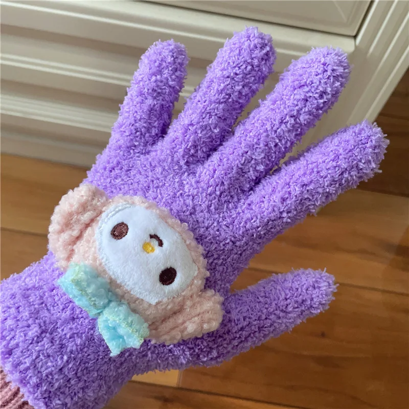 Cartoon Sanrio Kawaii Gloves Kuromi My Melody Coral Plush Cute Girl All-inclusive Refers To Thick Warm Antifreeze Cycling Gloves