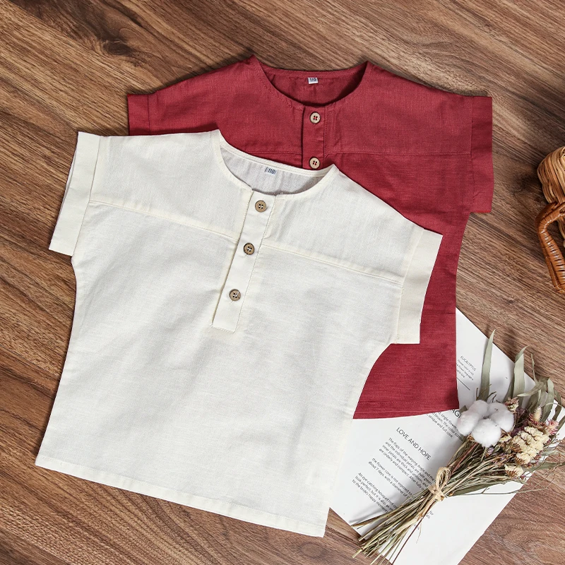 Children\'s Cotton Linen Striped Short-Sleeved T-Shirt Summer New Boys And Girls Round Neck Buttons Daily Casual Tops
