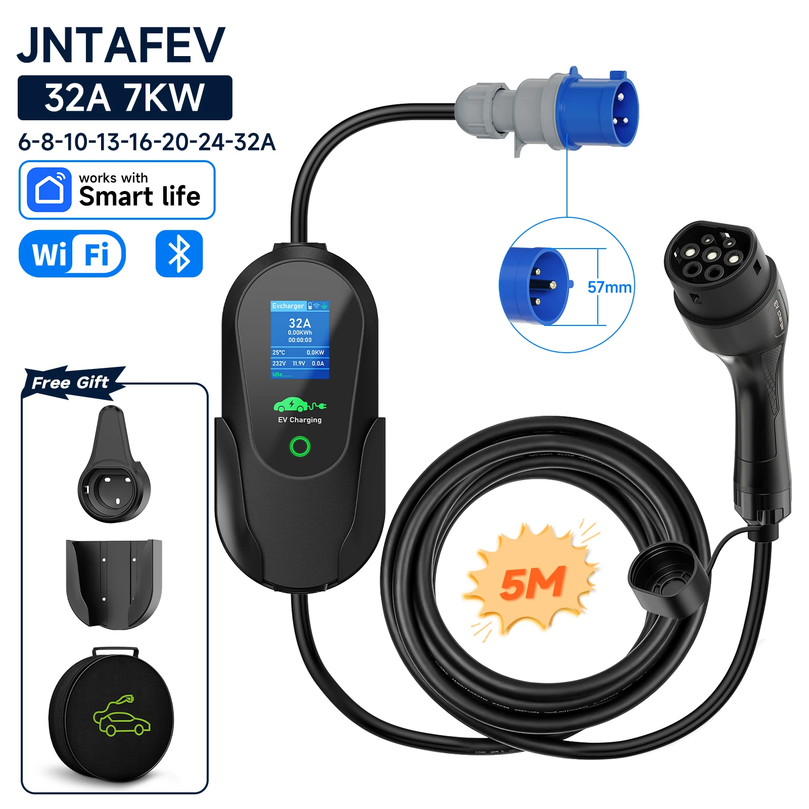 7,2KW 32A 1-Phasen Tragbares EV-Ladegerät Typ2 Elektroauto-Ladegerät EVSE Schnellladekabel mit WLAN-App und Bluetooth-Steuerung
