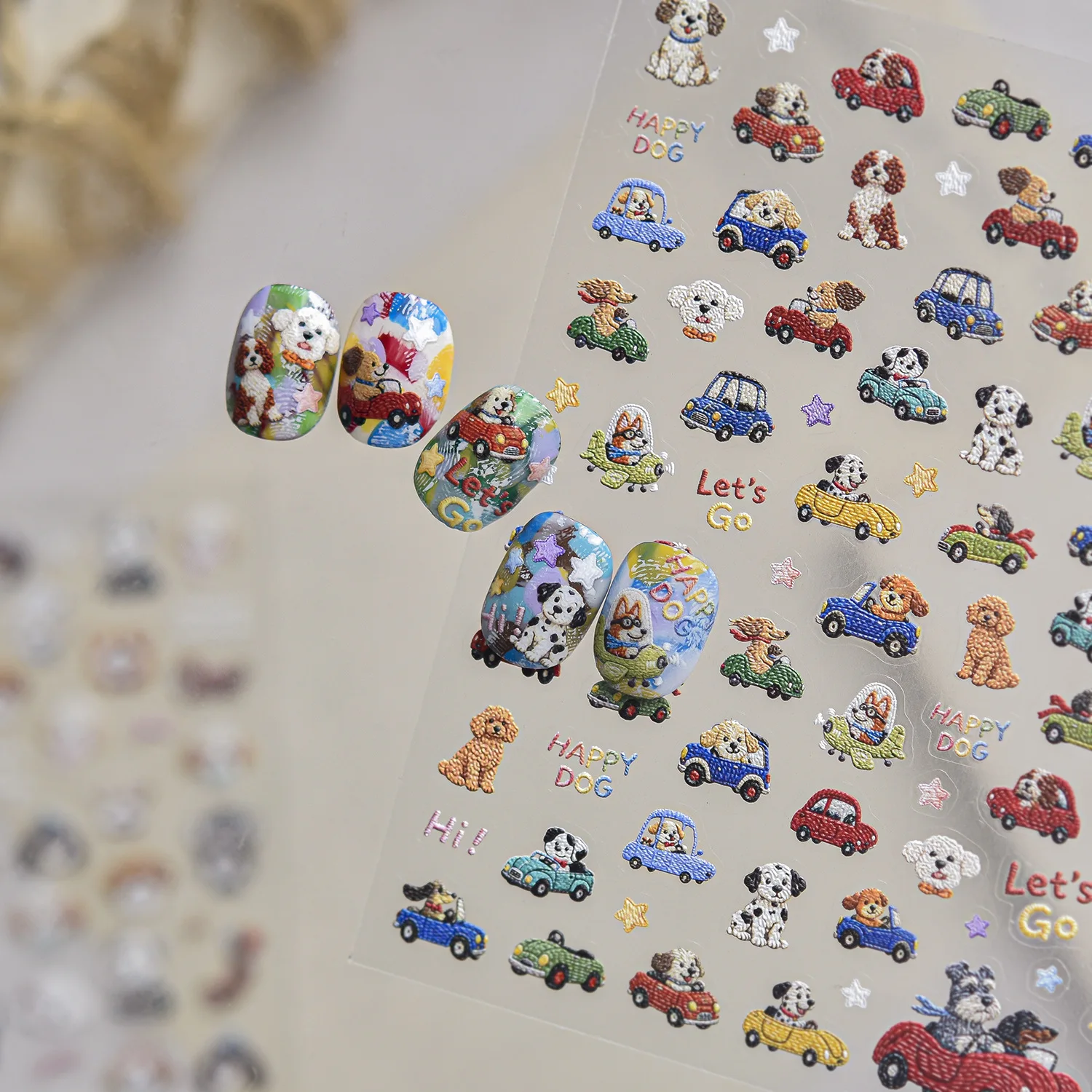 Cartoon Driving Dog Nail Decals 5D Vintage Stitched Puppy Driving Car Pentagram Playful Travel Nail Art Stickers Manicure Decor
