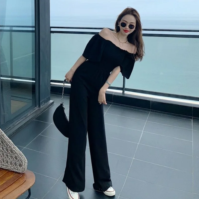 Overalls Frauen Frühling Solide Slash Neck Casual Volle Länge Einfache Breite Bein Koreanischen Stil Stilvolle Klassische Chic Mode Neu Ins