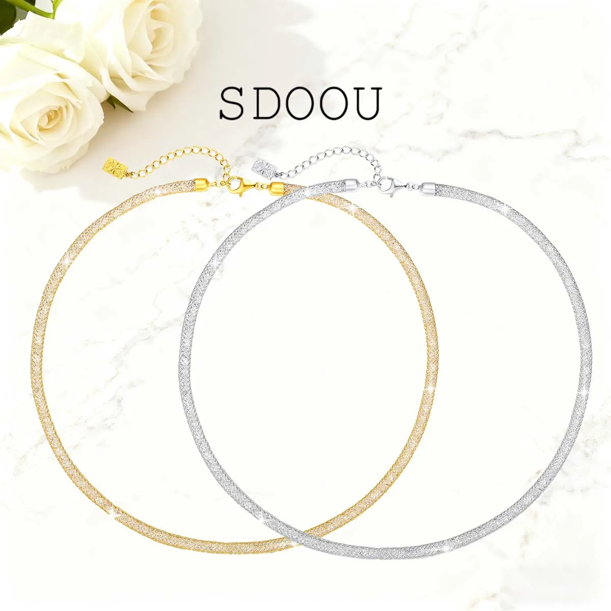 

SDOOU Elegant 4mm Minimalist Crystal Necklace 925 Silver Mesh Chain Adjustable Fine Jewelry for Women Daily Anniversary Gifts