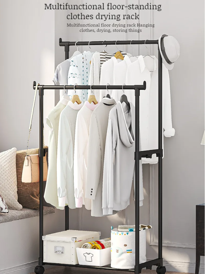 Bedroom One Multitier Storage Double Pole Clothes Rack With Wheels