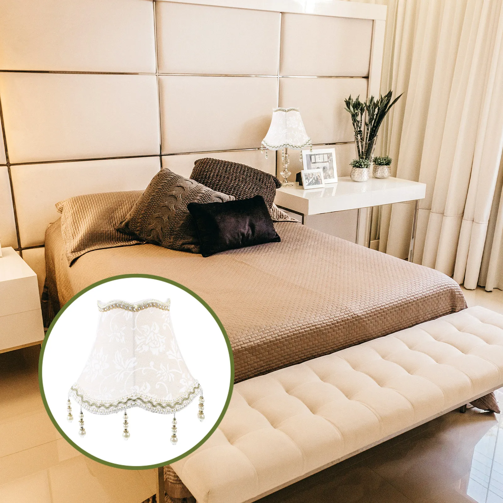 

Vintage Lamp Shade with Macrame and Beads Design Sturdy Fabric Light Cover for Living Room Bedroom Study Office Table Floor Desk