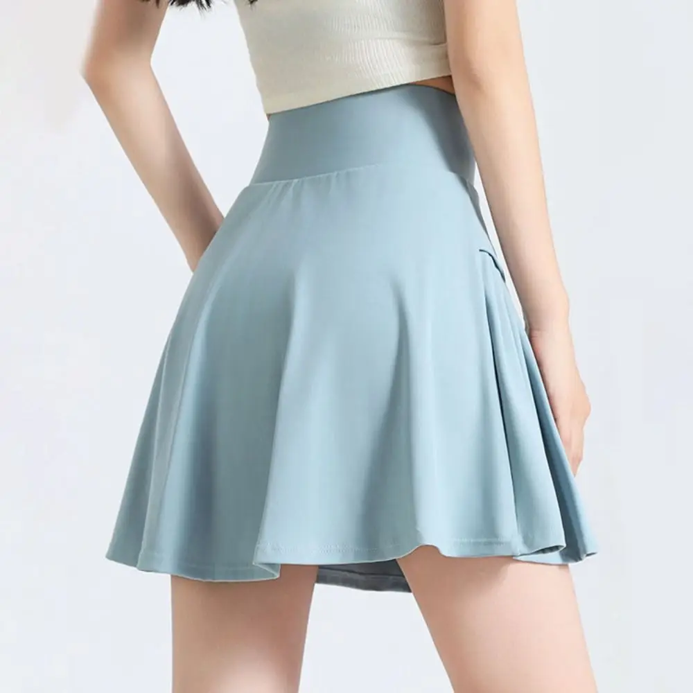

Breathable High Waist Pleated Skirt Anti-glare Solid Color Tennis Short Skirt Fitness Clothes Fake Two Pieces