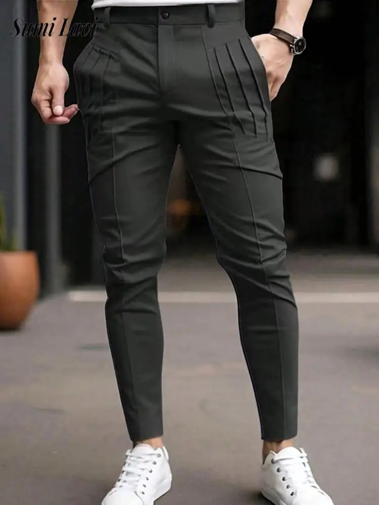 

Sports Training Men's Stretch Slim Pencil Pants Spring Autumn Vintage Pleated Trousers For Mens Daily Casual Solid Color Pants