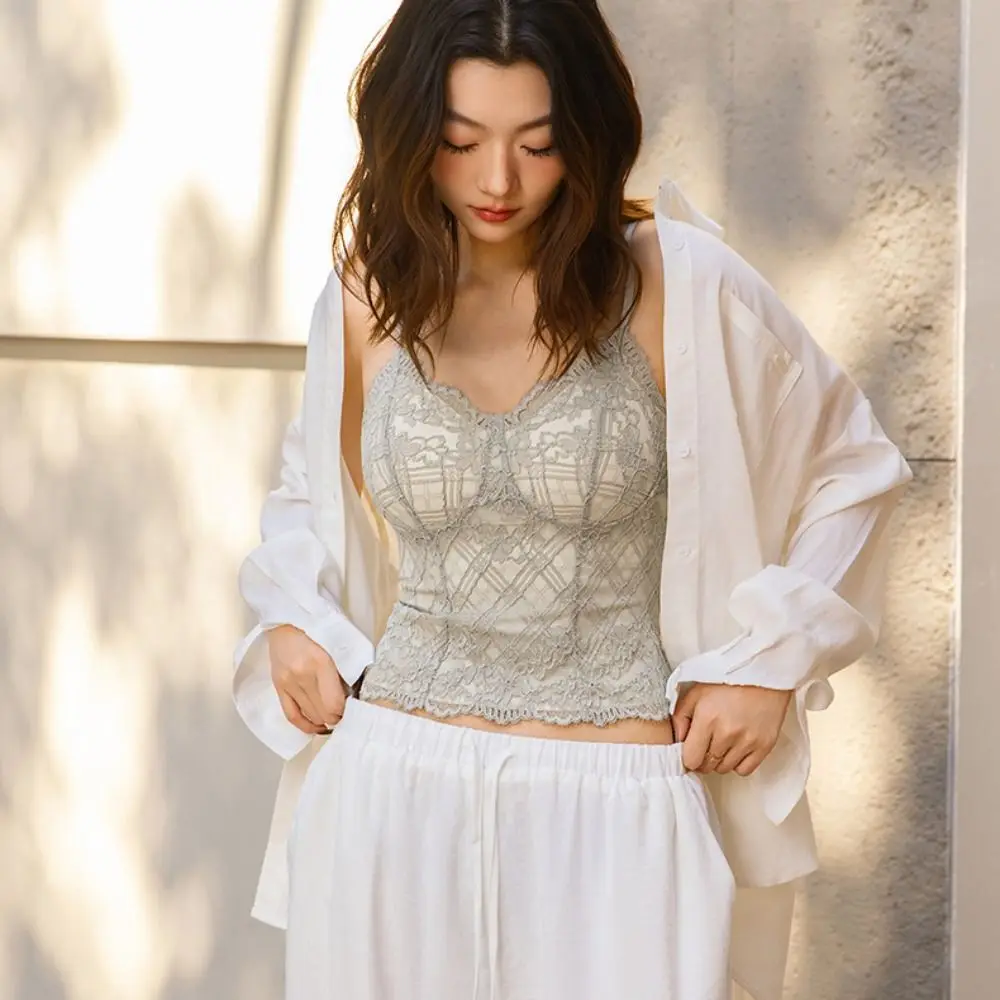 Fashion Fishbone Lace Camisole Hollow Transparent Lace Corset Tanks Streetwear Suspender Vest Spring Summer