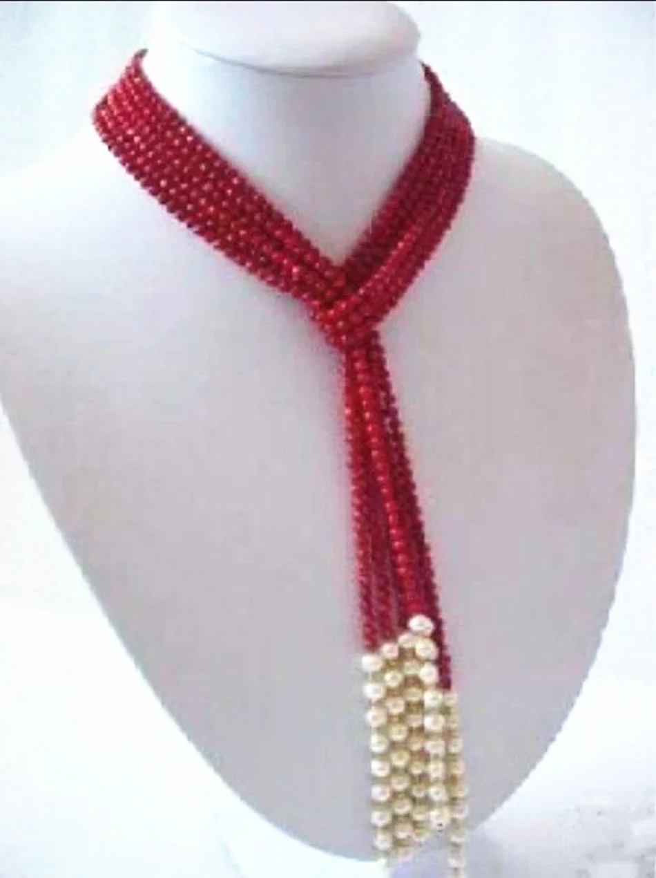 Fashion 5mm charming red artificial coral white pearl round beads original scarf necklace party pretty gifts 50inchM