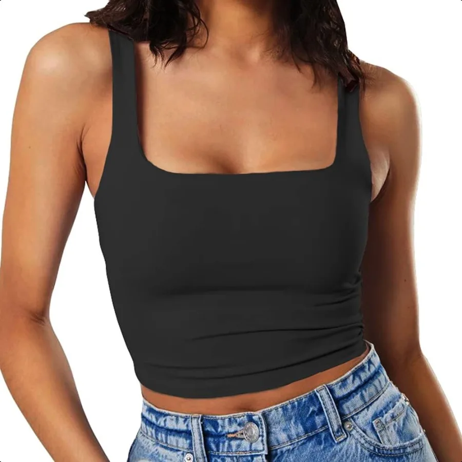 

Artfish Women's Sleevel Strappy Tank Square Neck Double Layer Workout Fitn Casual Basic Crop Tops
