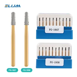 ELIJAH 10Pcs/Box FG1957/FG1958 Dental Carbide Burs Golden High Speed Tungsten Steel Crown Metal Cutting Burs Dentistry Tools