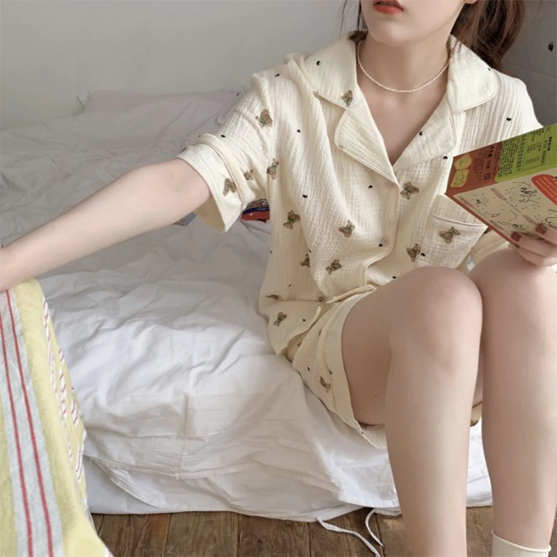 Spring 2024 Girly Sweet Bear Short-Sleeved Pajamas Women\'s Cute Home Two-Piece Nightdress Set Thin Daily Home Wear