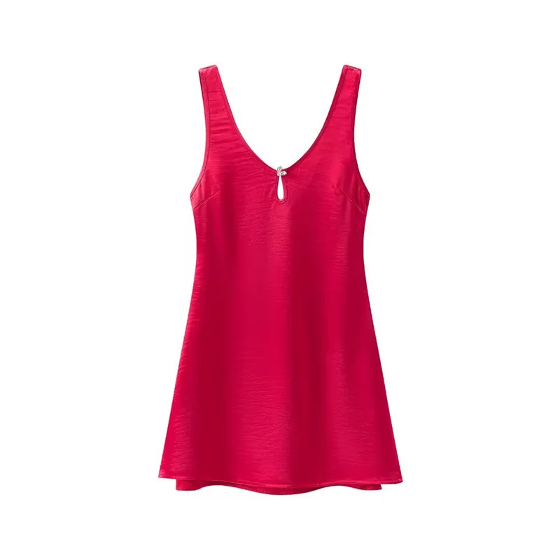Autumn New Women's Clothing V-neck Red Heart-shaped Trim Silk Satin Texture Dress