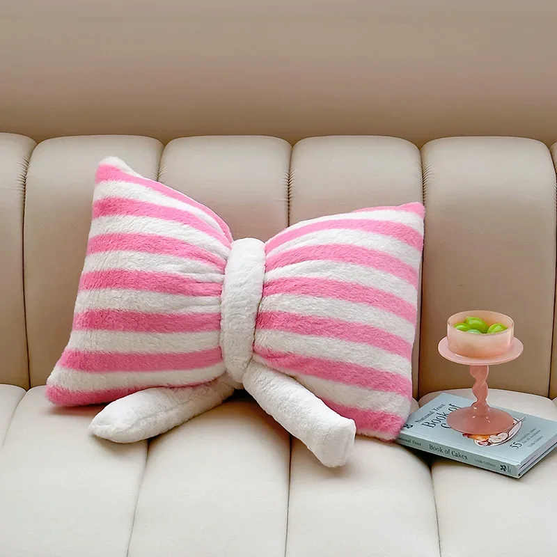 Pink Bow Imitation Rabbit Fur Couch Pillow, Comfortable Car Seat Cushion, Ins Style Simple Back Cushion, Striped Neck Pillow Bow