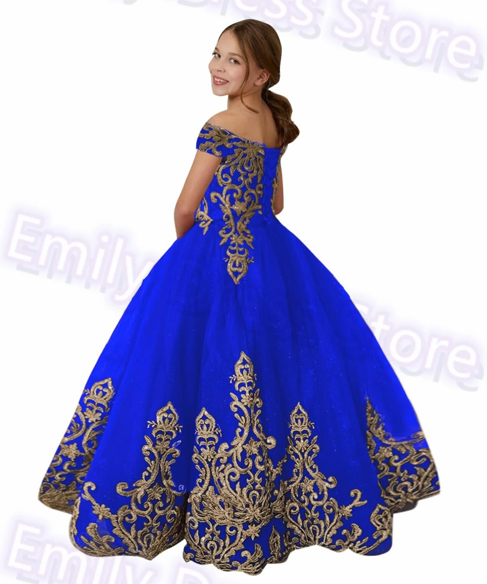 

Королевское синее платье с цветочным узором для девочек по индивидуальному заказу на свадьбу, золотое кружево с пышной аппликацией, милые детские платья для дня рождения, первого причастия