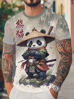 Men'S Samurai Panda 3D Digital Print T-Shirt, Casual Round Neck Short Sleeve Top, Made from 100% Polyester Knit Fabric