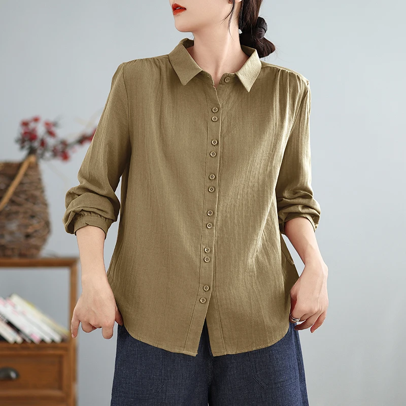 Autunno New Sle Donna Loose Fit Lungo Sve Cotton irt Top dimagrante in filato di cotone artistico vintage a doppio strato