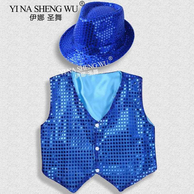 Jazz Dance Kostüm Pailletten Weste + Hut Set Kinder Jungen und Mädchen Hip Hop Street Dance Bühne Leistung Tragen Weste und Hut