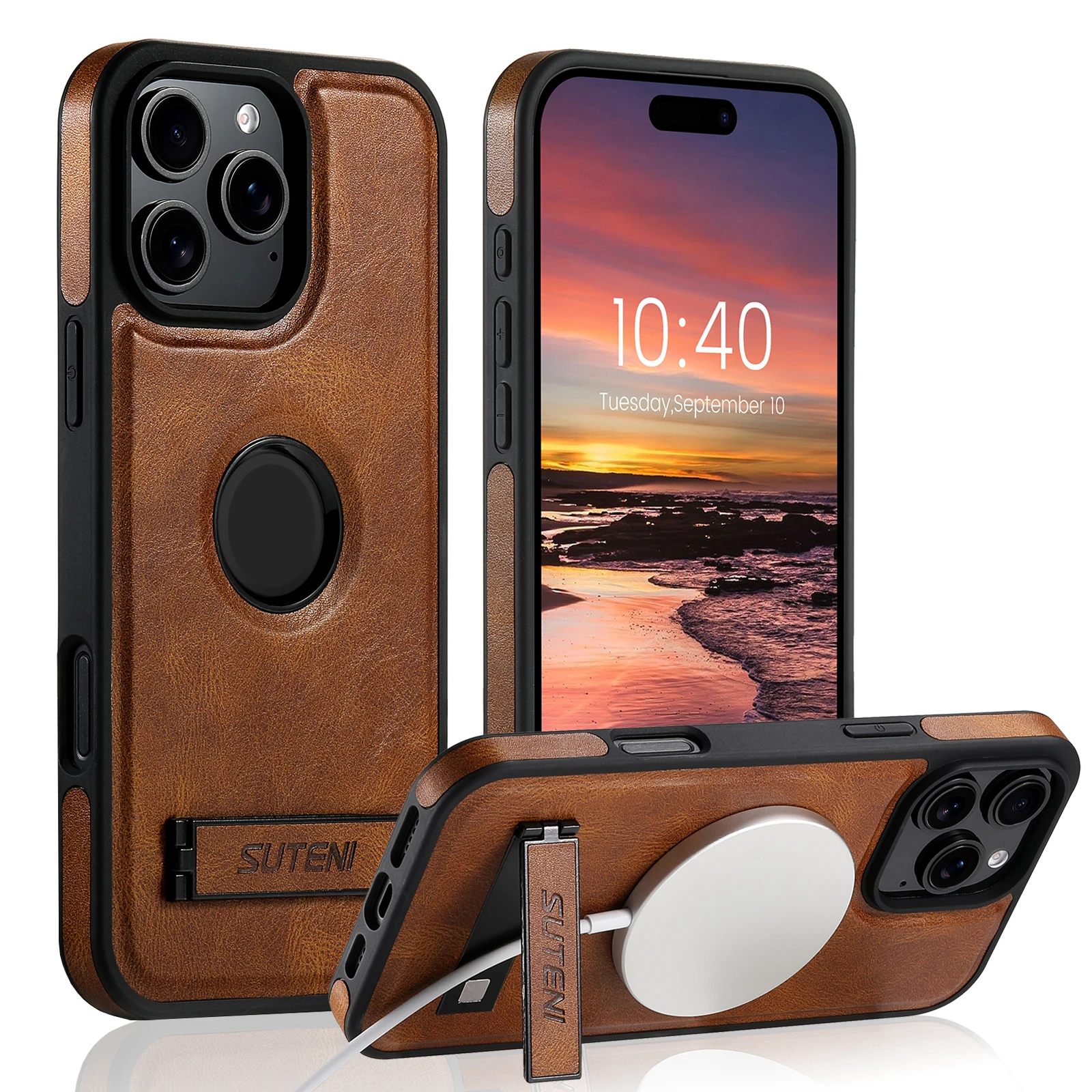 SUTENI Luxury PU Leather Phone Case Stand Wireless Charging Magnet For iPhone 16 Pro Max 15 Plus 14 Pro 13 12