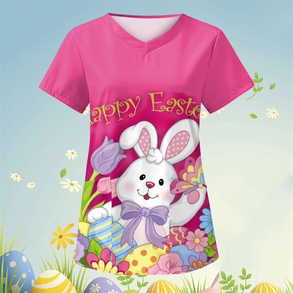 Scrubs Medical Uniforms Cute Cartoon Bunny Print High Quality Medical Uniforms for Women Short Sleeve Dental Medical Uniforms
