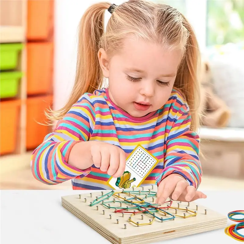 YSUN-Wooden Geoboard With 30 Pattern Cards And 40 Rubber Bands For 3 4 5-Year-Old Kids And Toddlers To Create Figures