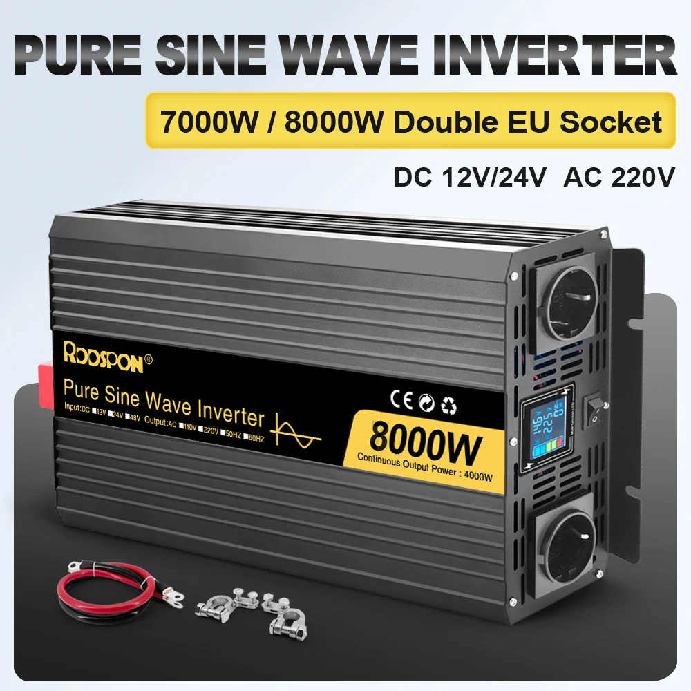 RDDSPON Pure Sine Wave Solar Inverter 7000W 8000W Double EU Socket LCD Display DC 12V 24V To AC 220V 50Hz 60Hz Voltage Converter