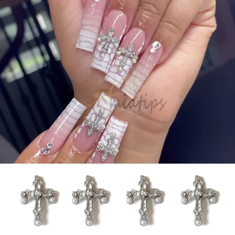 3D Cross Nail Art Charms Crystal Rhinestone SilverCross Nail Metal Alloy Decorations Accessories  Manicure Tool Press On Nails