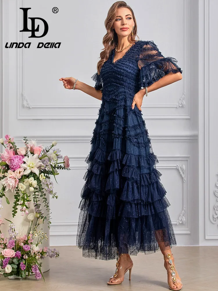 LD LINDA DELLA Summer Runway Fashion Dresses Women\'s Vintage Polka Dot Print Net Yarn Cascading Ruffle Backless Sexy Dresses