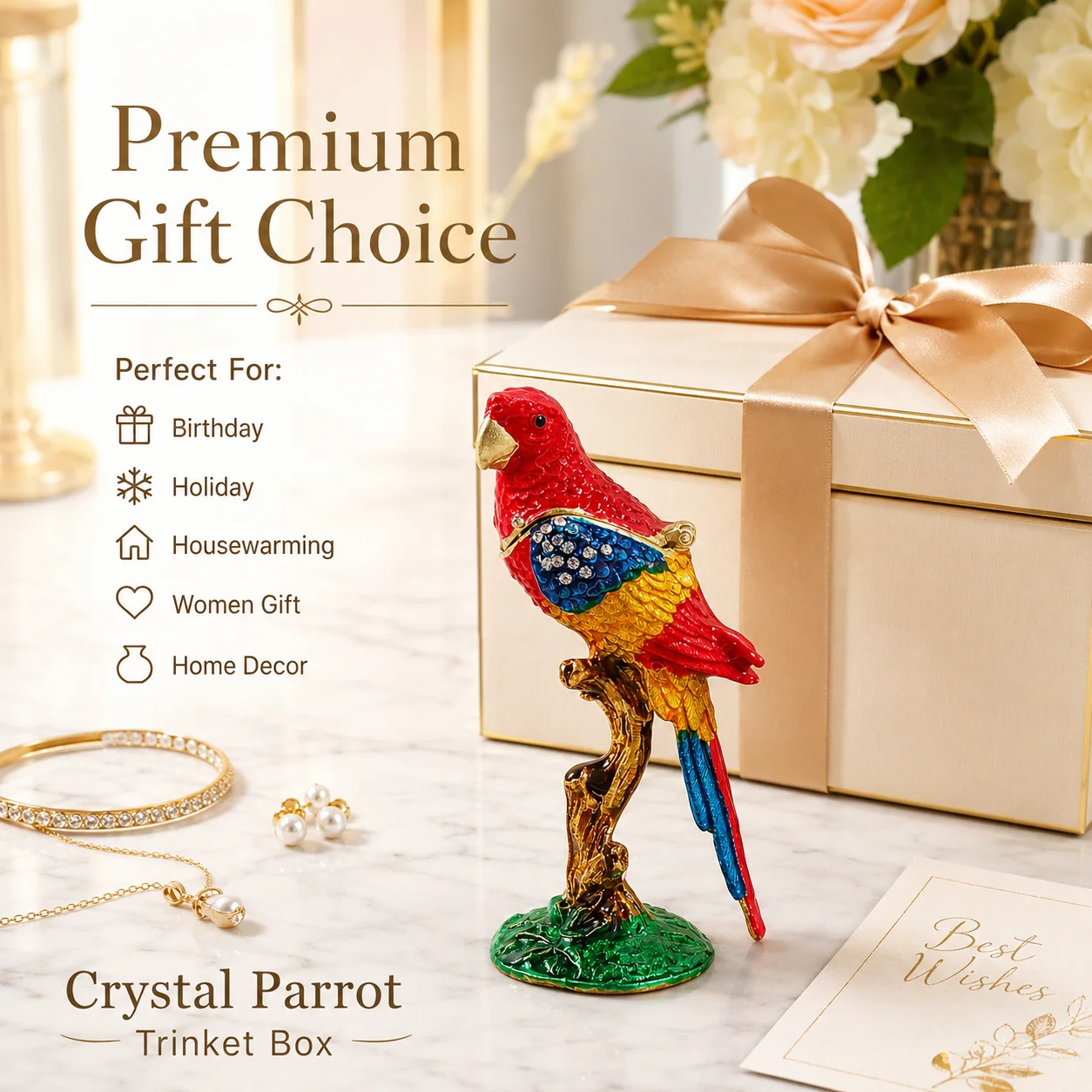 Crystal Parrot Jewelry Box Rhinestone Enamel Trinket Box Decorative Bird Ornament Home Bedroom Decor Craft Gift Storage