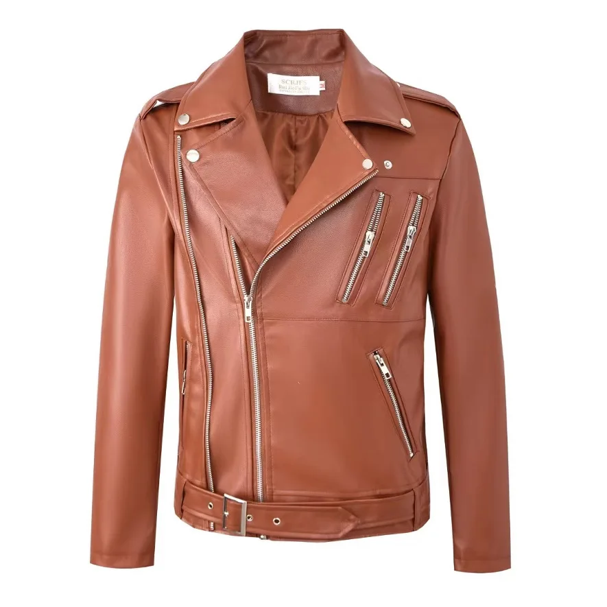 Lokomotif Cuci Pria Baru 2025, Jaket Kulit PU Ritsleting Miring Mode Baru