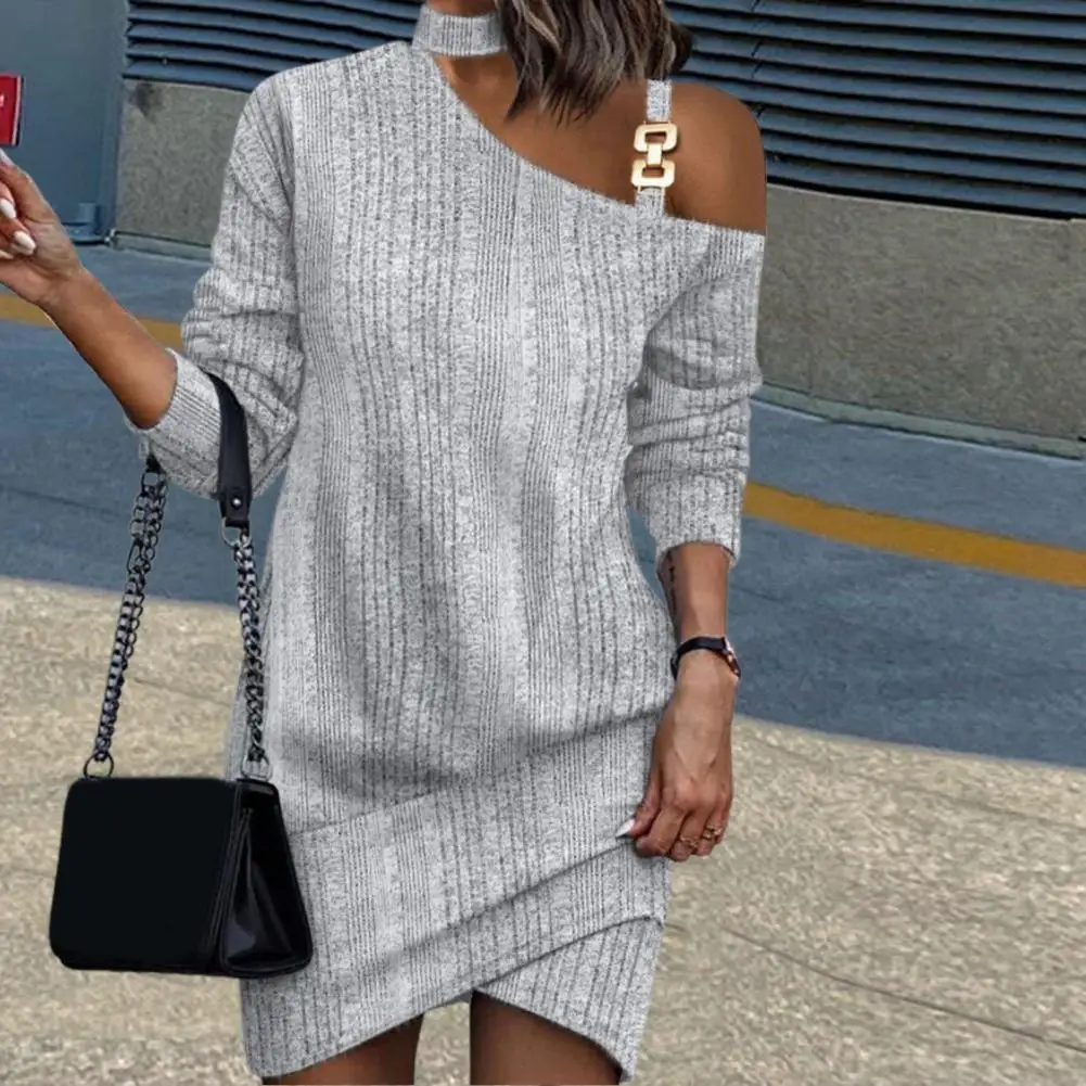 

Women Fall Winter Dress One Shoulder Oblique Neck Loose Long Sleeve Dress Pullover Above Knee Length Lady Mini Dress