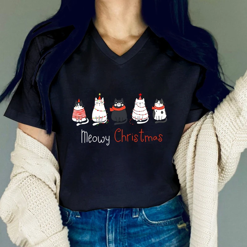 المرأة عيد ميلاد سعيد القطط الكرتون المطبوعة تي شيرت, موضة, كم قصير, الخامس الرقبة, تي شيرت, مضحك, عطلة