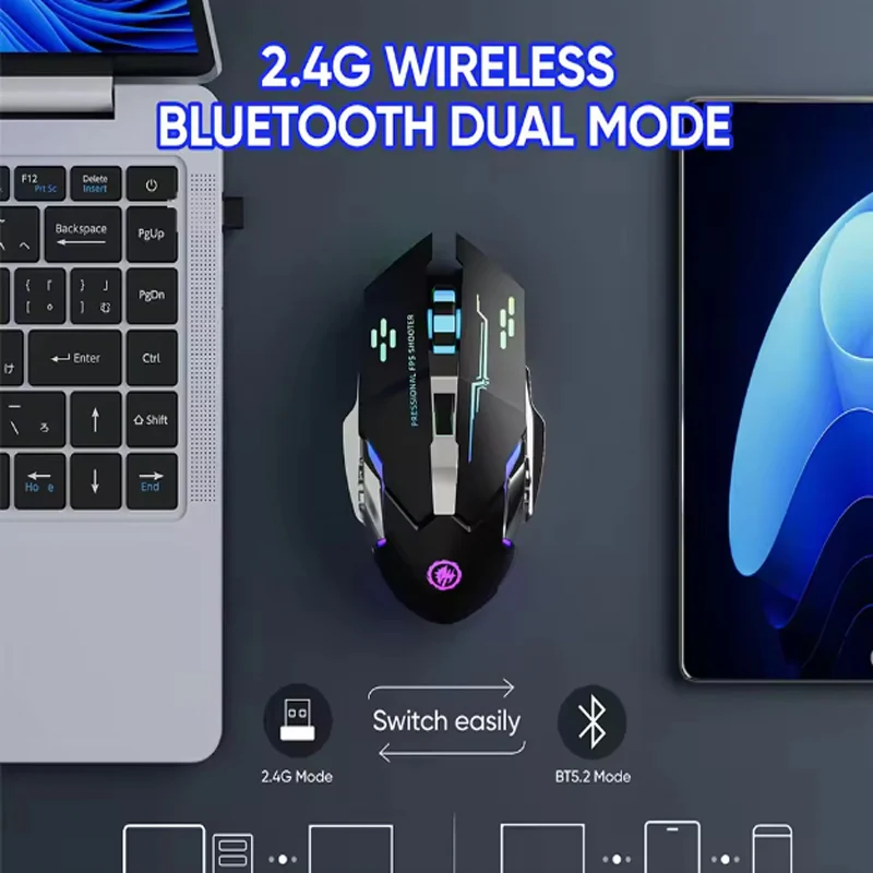 ماوس لاسلكي للألعاب كمبيوتر صامت قابل لإعادة الشحن ماوس بلوتوث USB ميكانيكي للرياضات الإلكترونية بإضاءة خلفية ماوس ألعاب الكمبيوتر لأجهزة الكمبيوتر المحمول