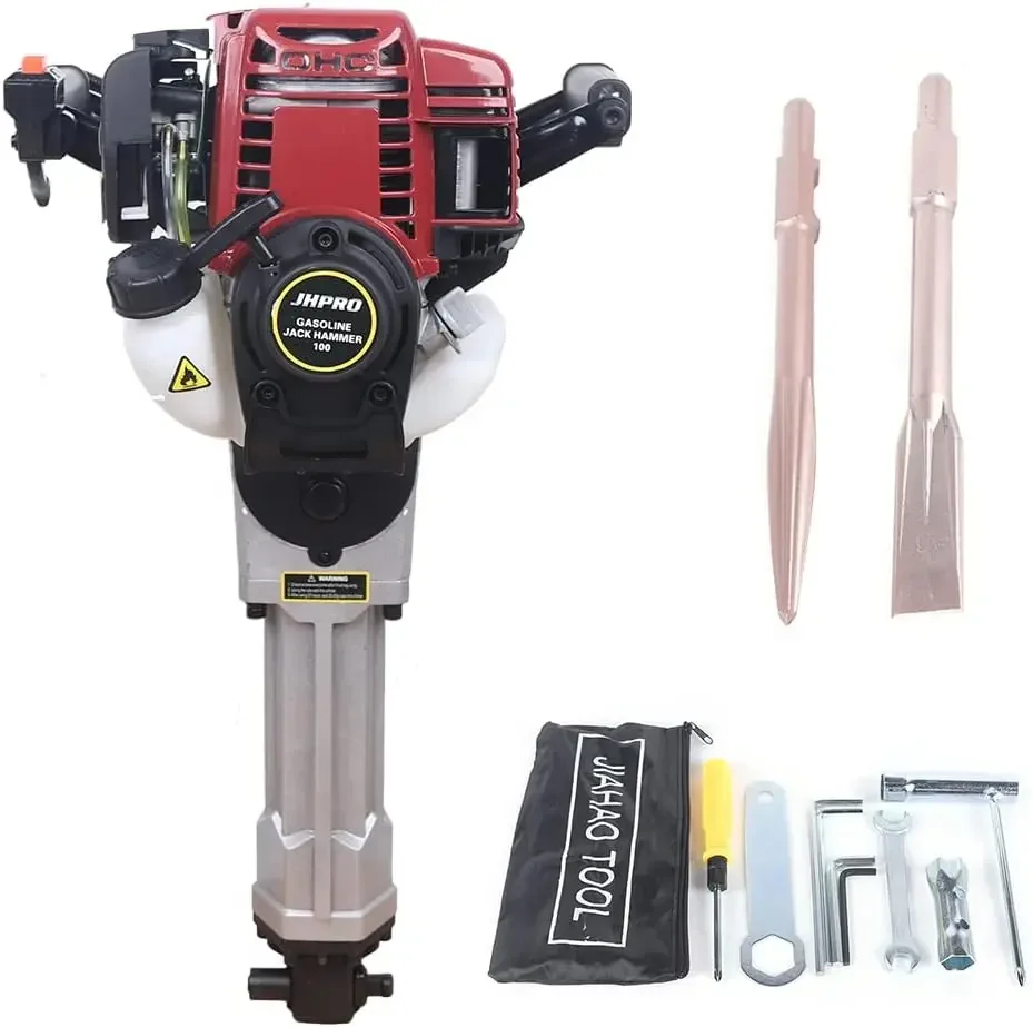 Powered Jack Hammer 37.7CC 4-Stroke Petrol Breaker Punch Drill with 2 Chisels Gas Power Demolition Jack Hammer Concrete Breaker