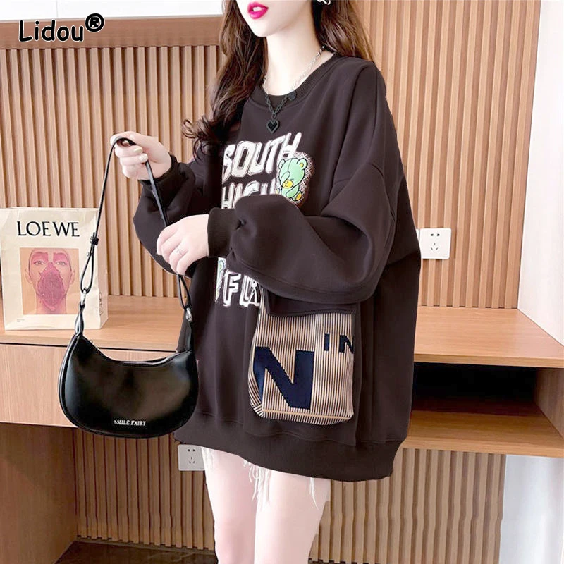 2023 New Spring and Autumn Fashion Trend Design Sense Round Neck Letter Print Panel 3D Pocket Casual Loose Oversized Sweater