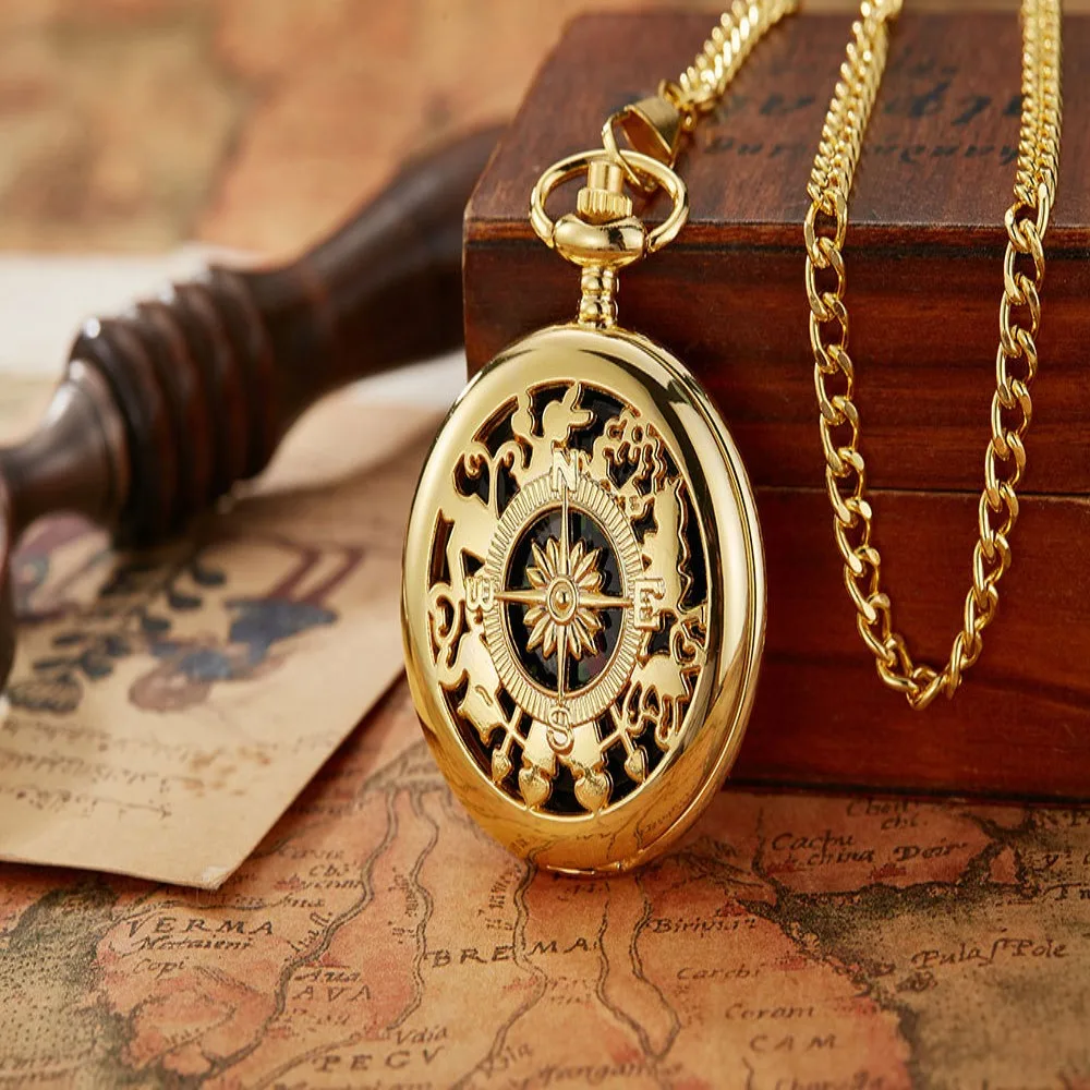 Clamshell Compass Pocket Watch Fashion Punk Glass Clock Chain Alloy Gold Case Necklace Pendant