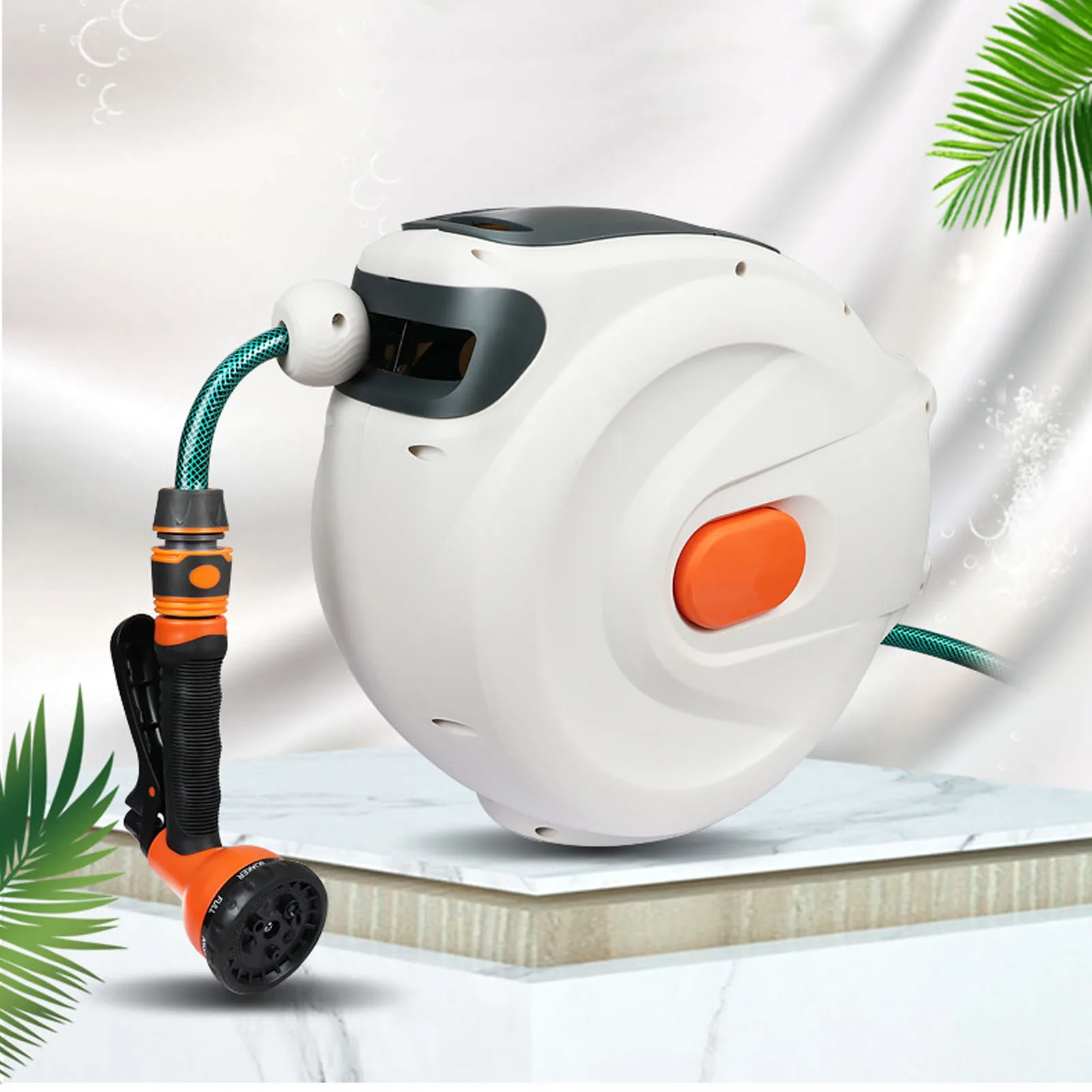Free Standing Wall Mount with Sprayer Nozzle Any Length Lock Slow Return 180° Swivel 10m Retractable Garden Hose Reel