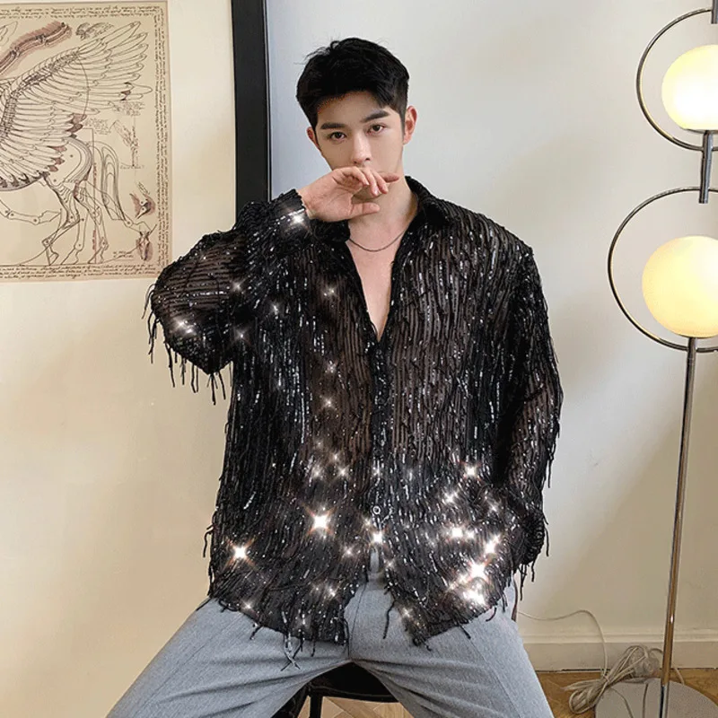 Spring Summer Men's Shirt Long Sleeve New Irregular Sequin Tassel Shirts Niche Streetwear Korean Style Male Top Tide