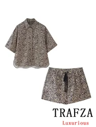 TRAFZA Vintage Causal Chic Women Suit Print Leopard Hidden Breasted Short Sleeve Blouse Loose Shorts Fashion 2024 Summer Set