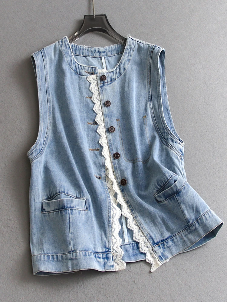 Loose Fit round Neck Lace Trim Sleeveless Denim Jacket Women's Vest C389 Summer Casual Style Single Button Closure Cotton Blend