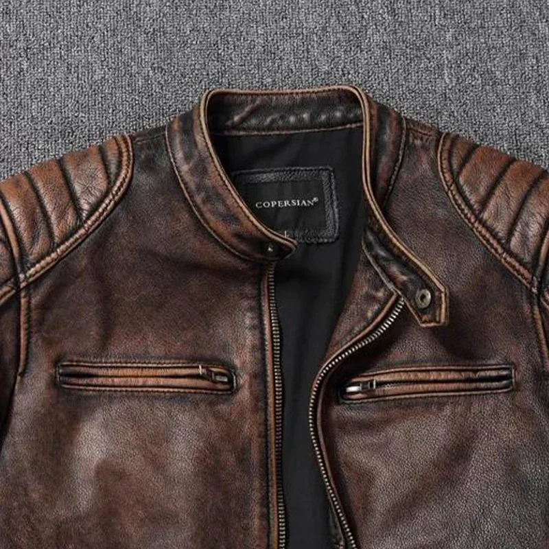 Vintage Black Brown Real Cowhide Genuine Leather Jacket Real Fur Men\'s Leather Jacket Bomber Men Leather Jacket Motorcycle Coat