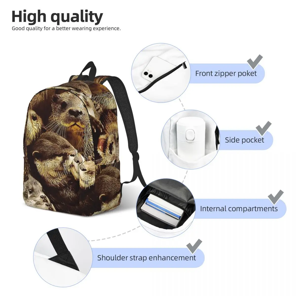 Kawaii Sea Otters Cute Animal Backpack for Men Women Cool High School Hiking Travel Daypack Laptop Computer Shoulder Bag Sports