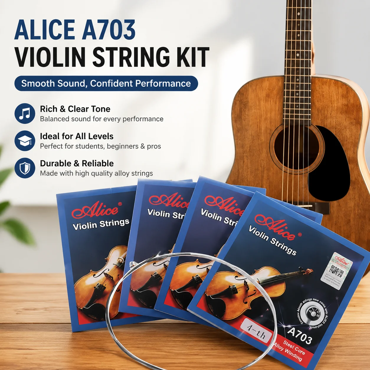 Alice A703 Violin String Kit, High Quality Alloy Strings for Students Beginners Performers, Smooth Playing Instrument