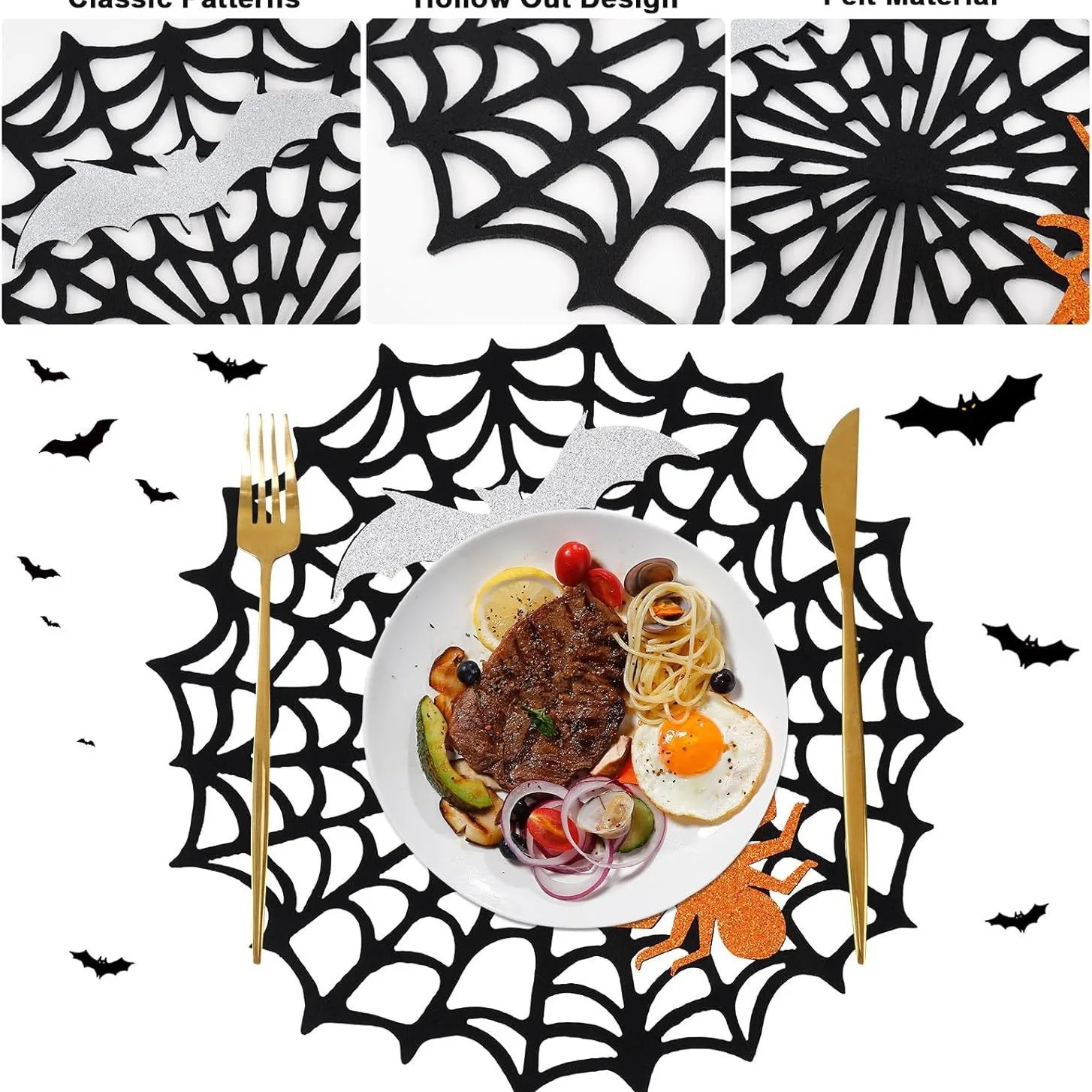 Halloween themed party party felt placemat coaster black spider web placemat circular Halloween party decoration props