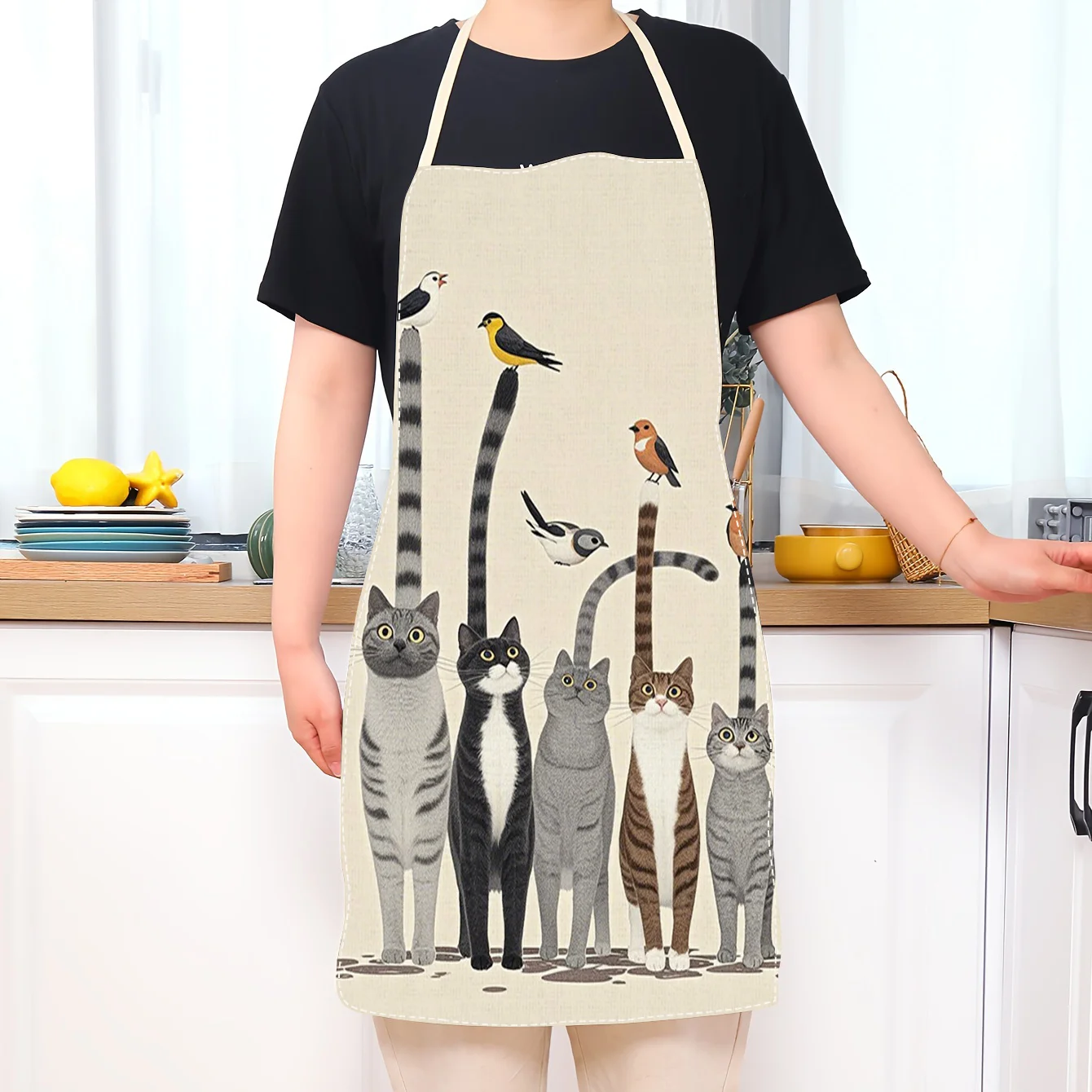1pc Cats And Birds On Poles Apron Linen Cooking Kitchen Baking Bib For Women Chef Waitress Housework Cleaning