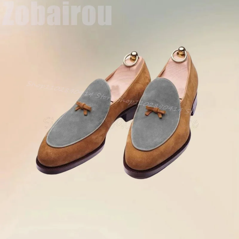 

Brown Gray Bow Knot Decor Patchwork Penny Loafers Fashion Slip On Men Shoes Luxury Handmade Party Feast Banquet Men Casual Shoes