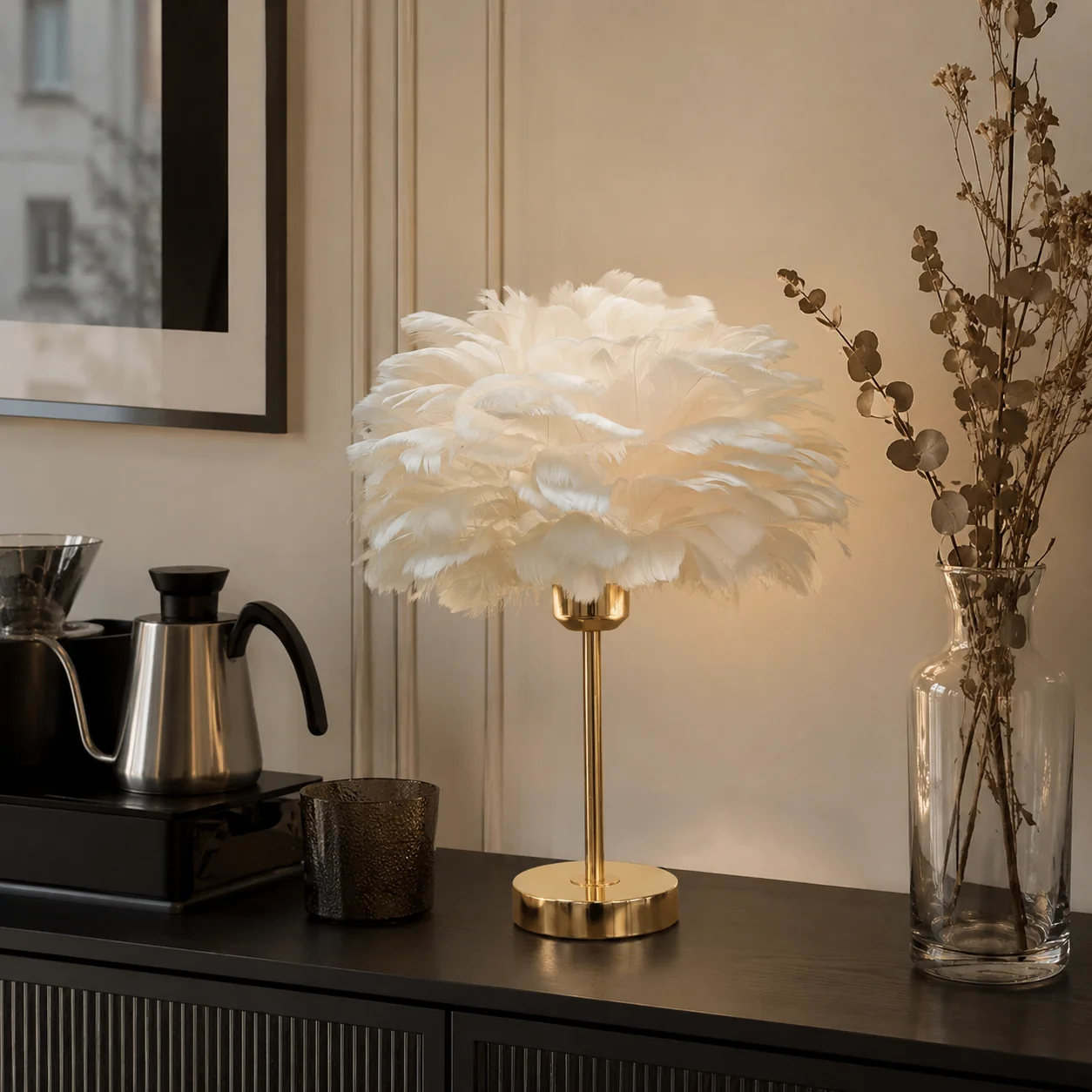 Nordic INS Feather Table Lamp, Creative Decor Bedside Lamp for Bedroom, Romantic Warm Light Night Lamp