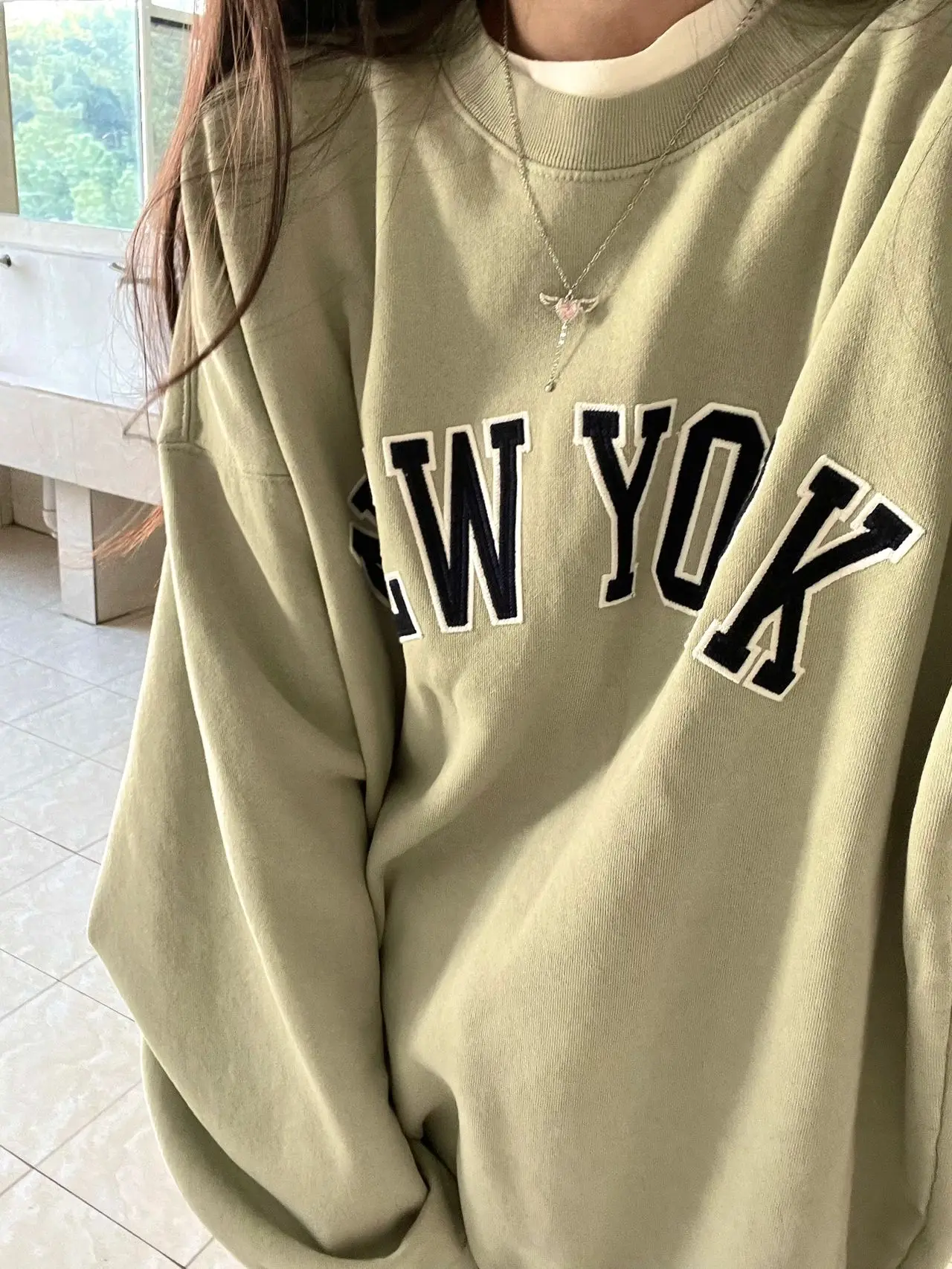 

Brandy Girl Bean een Lazy Sle Mid-Length round Ne Embroidered Sweatirt Women's Spring Autumn Cotton Long Sve Hoodie