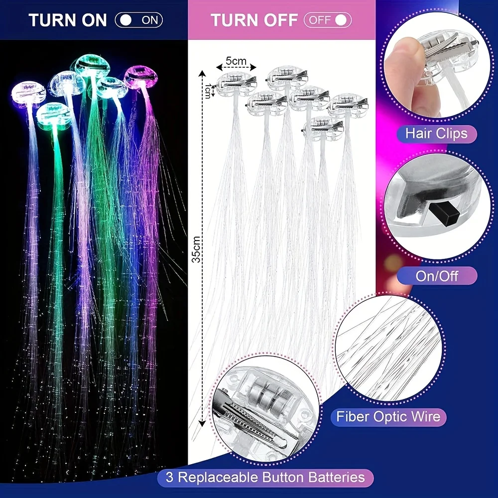 12pcs Glow in The Dark Party Supplies 4pcs LED Flower Crown Headbands + 8pcs LED Light Up Fiber Optic Hair Barrettes Clip